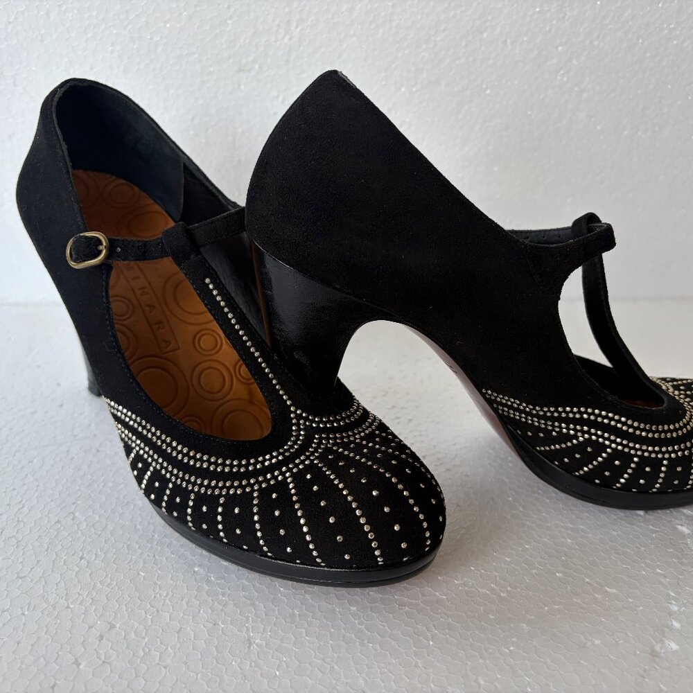 Chie Mihara 39.5 EU -Black Suede T-strap Mary Jane heels w/silver embellishment